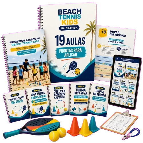 Mockup do Kit Beach Tennis Kids na Prática, com 19 aulas, bônus e materiais impressos