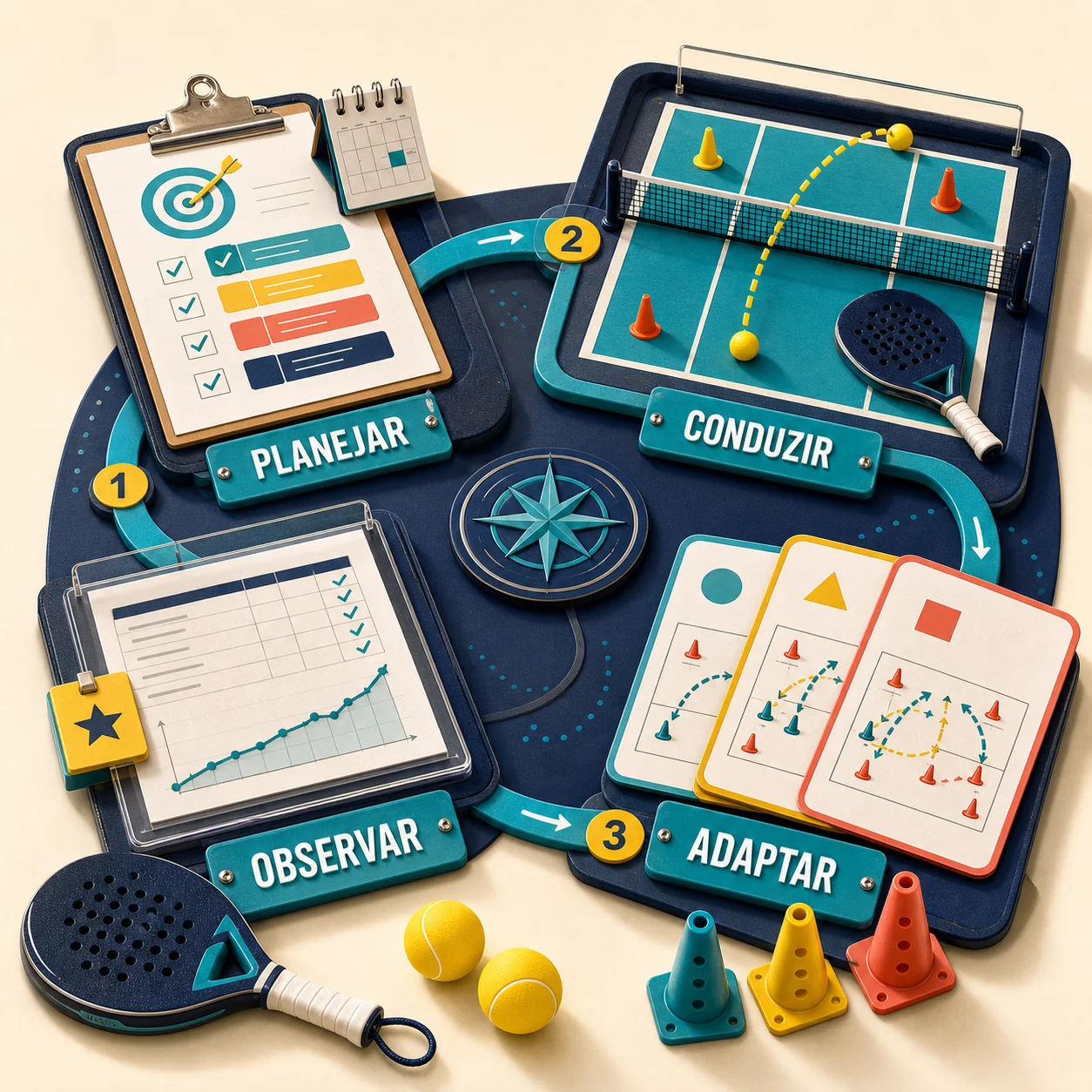 Método visual: Planejar, Conduzir, Adaptar e Observar aulas de Beach Tennis Kids