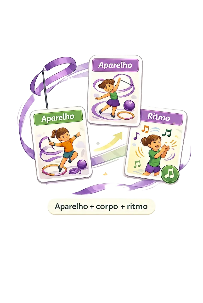 Cards ilustrando a união entre aparelho, corpo e ritmo na ginástica rítmica infantil