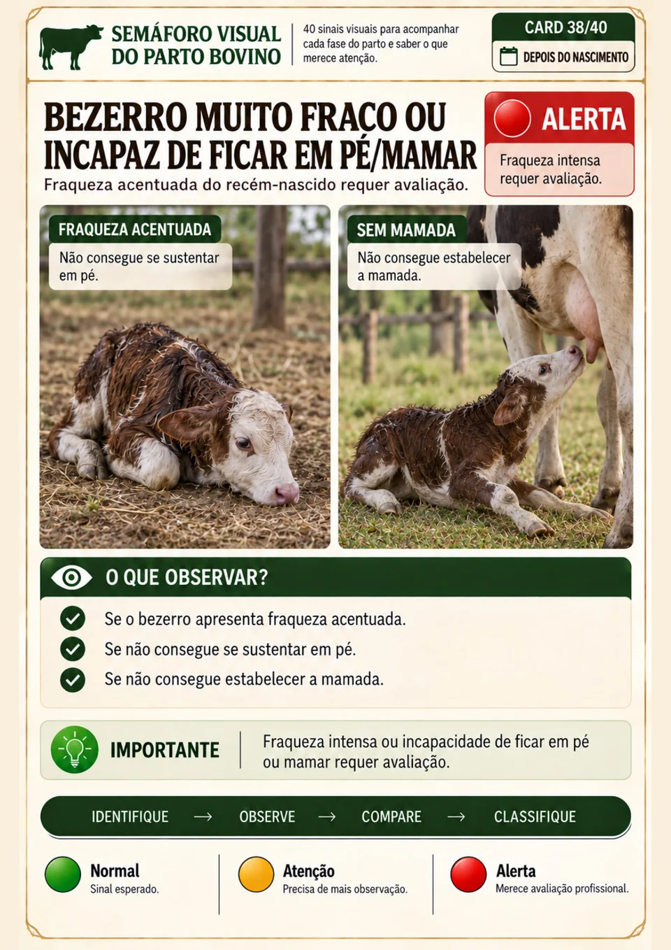 Página interna do Semáforo Visual sobre bezerro muito fraco ou incapaz de ficar em pé ou mamar, classificada como Alerta