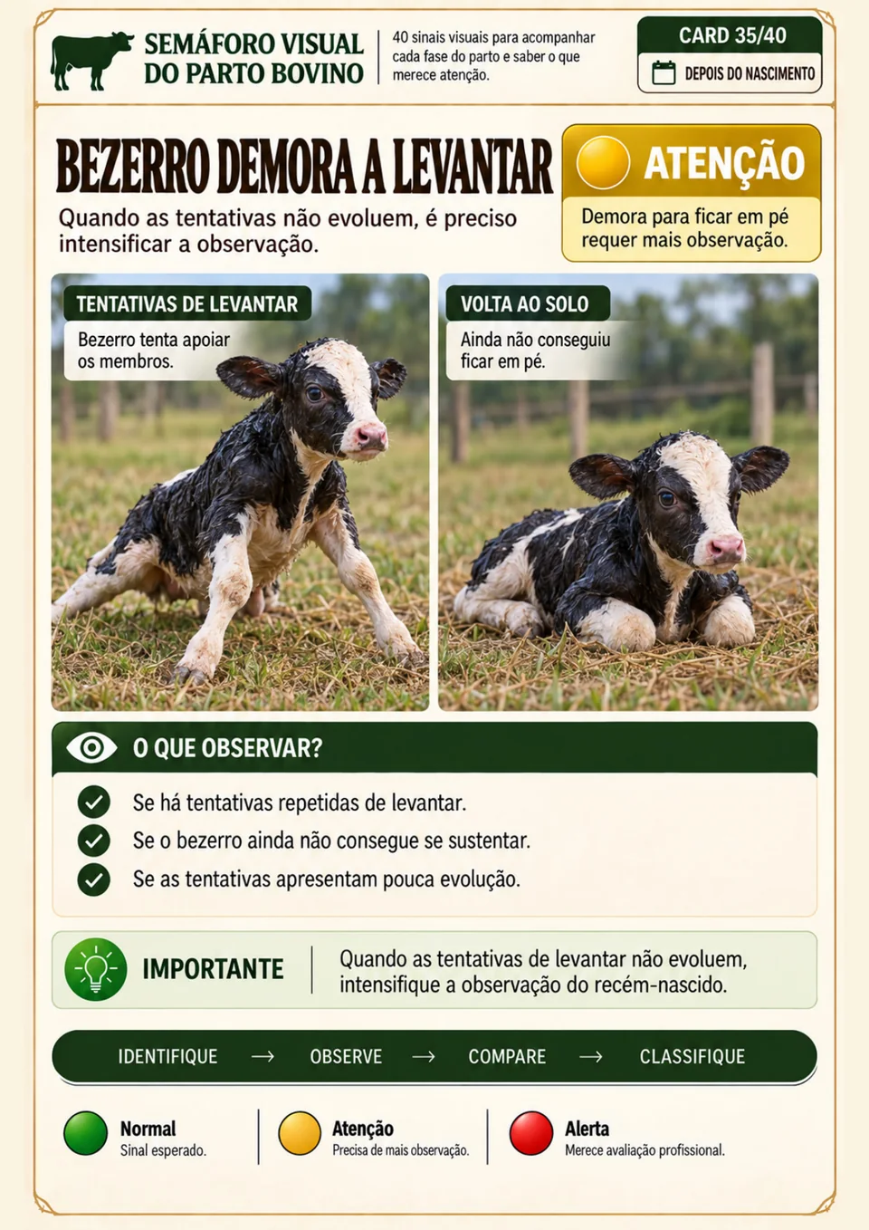 Página interna do Semáforo Visual sobre bezerro que demora a levantar, classificada como Atenção