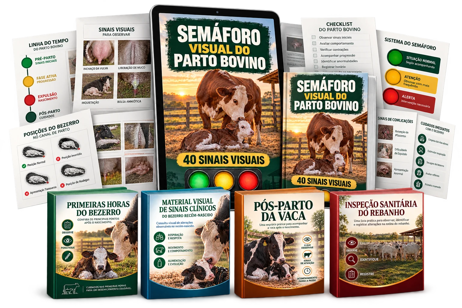 Semáforo Visual do Parto Bovino em tablet, com páginas internas e quatro bônus coloridos