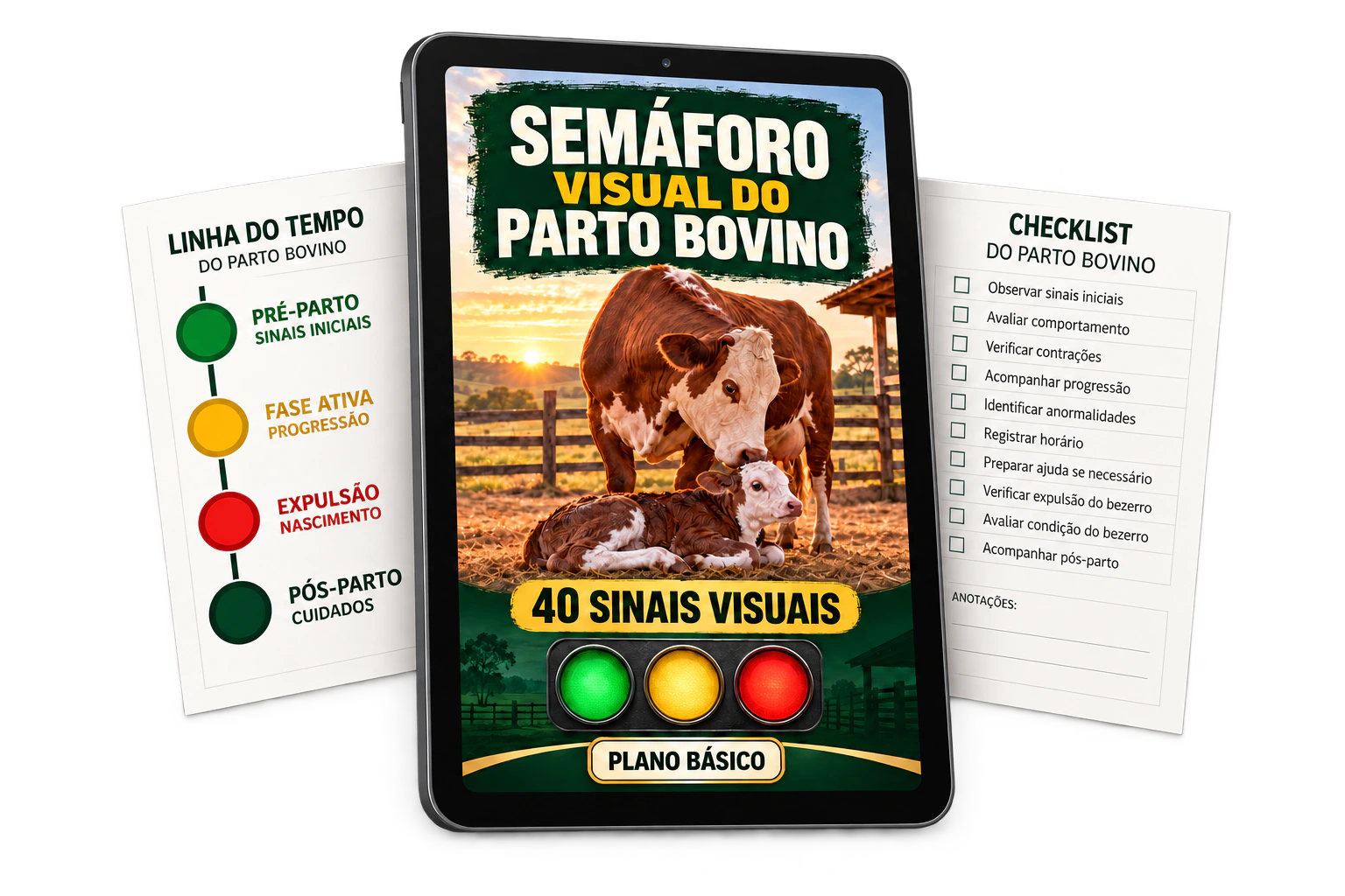 Plano Básico do Semáforo Visual do Parto Bovino com material principal e duas folhas de apoio